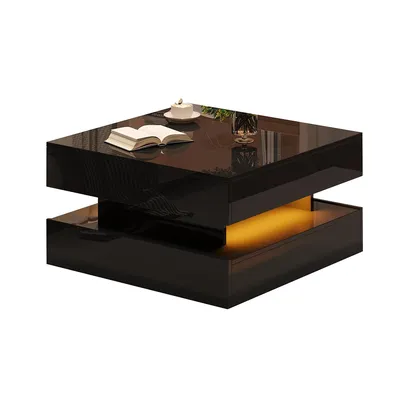 Produktbild von Couchtisch mit LED-Lichtleiste und 2 Schubladen Beistelltisch Wohnzimmertisch 65x65x38.5cm Schwarz