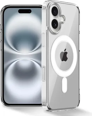 A clear, professional studio shot of a transparent iPhone case with MagSafe and a magnetic ring, placed next to an iPhone.