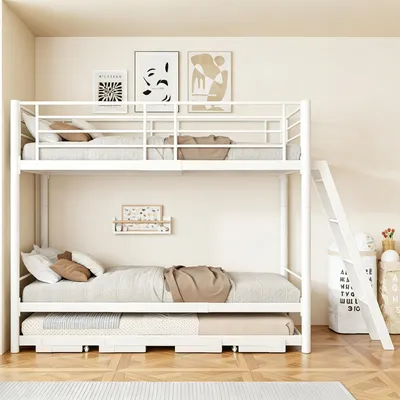 Obrázek produktu pro Postel dvoupodlažní okwish, rozměry 90x200 cm, s výsuvnou postelí, 3 lůžka, úsporný design, kovová konstrukce, barva bílá, bez matrace