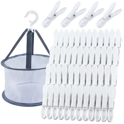 Image de Lot de 48 pinces à linge avec panier de rangement – Pinces en plastique résistantes au vent, pour corde à linge et vêtements – Blanc