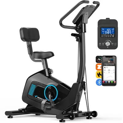 Produktbild von Heimtrainer Fahrrad, Ergometer mit Rückenlehne, App-Steuerung, automatischer Widerstandsanpassung, 16 Stufen, 2 Zugbändern, Bluetooth kompatibel