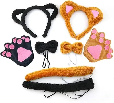 Productafbeelding van Kostuumset - Kat Dier Verkleedset met Oorhoofdband, Dierenkostuum Oren Staart Strikje Vleugeltjes, Staart en Poothandschoenen voor Halloween Carnaval
