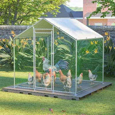 Imagen del producto de Jaula para gallinas con zona de paseo, 2x2x2 metros. Gallinero con cerradura de seguridad. Jaula para gallinas con tela de polietileno impermeable. Corral metálico para gallinas, conejos y otros animales pequeños, color plateado