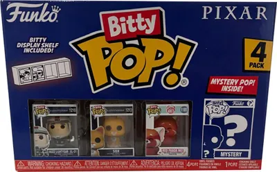 A Funko Bitty Pop! Pixar 4-pack box containing three visible figures and one mystery figure, along with a display shelf.