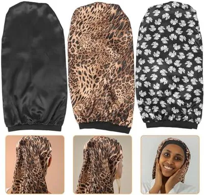Produktbild von Schlafhauben für Frauen aus dehnbarem Satin für langes Haar, 3 Stück, dekoratives Leopardenmuster in Schwarz mit Schleifenmotiv für die Nacht