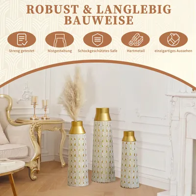 Produktbild von MODFU 3er Set Bodenvase,Metallbodenvasen in Gold mit geometrischem Muster,42/51/60,5 cm,für Wohnzimmer & Flur