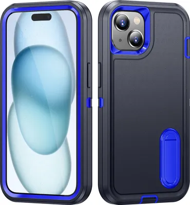 Produktbild von Hülle für iPhone 15 Hybrid Dreilagige Robust Stoßfest Schwerlast Schutzhülle mit Ständer Dunkelblau
