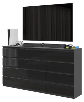 Produktbild von Kommodenset Anthrazit Grau / Schwarz Hochglanz mit 12 Schubladen (8+4) – Großes Sideboard Set für Schlafzimmer & Wohnzimmer – GABRIEL