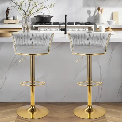 Produktbild von Hawthyhome Barhocker mit goldener Metallbasis(2er Set) Barstuhl mit Rückenlehne und Fußstütze höhenverstellbar drehbar Hellgrau