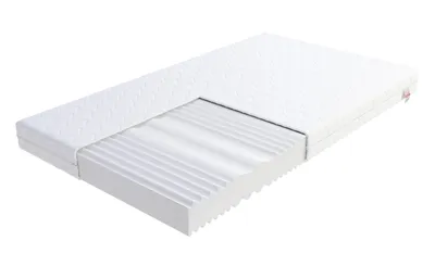 A white mattress is shown with a cutaway revealing its internal structure.