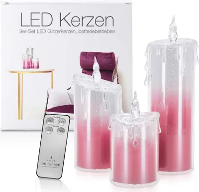 Produktbild von LED Acryl Glitzer Kerze Pink 3er Set "Liza" inkl. Fernbedienung und Timer