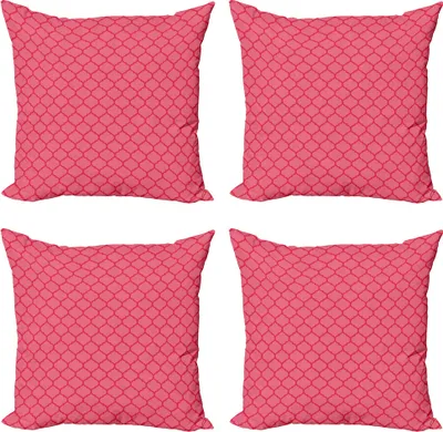 Produktbild von ABAKUHAUS Koralle Kissenbezug Set (4 Stück), Antike Quatrefoil Motive, Moderner Doppelseitiger Digitaldruck, 45 cm x 45 cm, Koralle und Rot