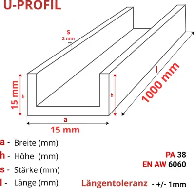 Produktbild von ALUMINIUM U-PROFIL 15x15x15x2 mm 100 cm ALUMINIUM PA38 + ZUSCHNITT NACH MASS
