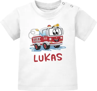 Produktbild von Baby T-Shirt mit Namen personalisiert Feuerwehr-Auto Namensgeschenke kurzarm Baumwolle SpecialMe® weiß 56/62 (1-3 Monate)