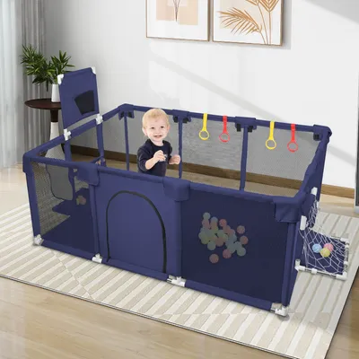 Produktbild von Baby Laufstall 180x120x66cm mit Basketball-Netz atmungsaktivem Babys laufgitter mit Sicherheitstür 50 Ozeanball Dunkelblau