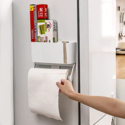 Produktbild von CRELIV - Küchenrollenhalter, Küchenaufbewahrung, Rollenhalter für Küchentücher, Magnetischer Wandrollenhalter, Küchenpapierhalter mit 2x Aufbewahrungsfäche (für Abfallsäcke, Backpapier, Alufolie, Frischhaltefolie und Frischhaltebeutel), starke Magnetkraft, ideal für Kühlschrank
