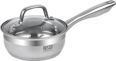 A stainless steel saucepan with a glass lid and a single handle, shown against a white background.