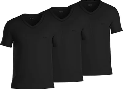 Three black V-neck t-shirts are arranged in a staggered formation against a white background.