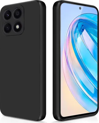 A black silicone phone case is shown from two angles, with the phone screen visible in one view.