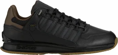 A side view of a black K-Swiss sneaker with brown accents.