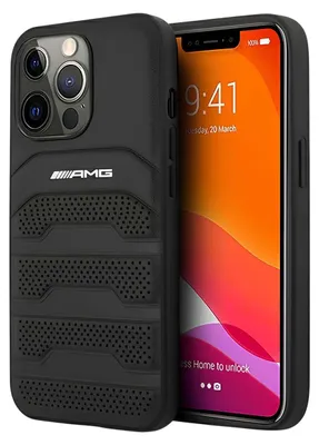A black iPhone case with the AMG logo is shown next to an iPhone displaying the lock screen.