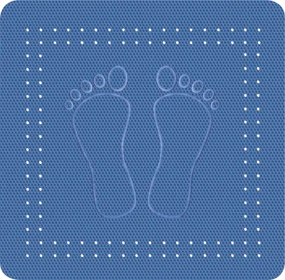A blue bath mat with footprints embossed on it, surrounded by a dotted border.