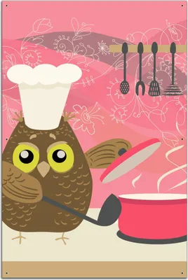 Produktbild von Wallario Outdoor-Poster für Garten oder Balkon, Motiv Lustige Eule beim Kochen mit Kochmütze, in ca. 61 x 91,50 cm