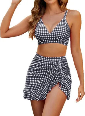 Produktbild von Damen Bikini Set - Retro Plaid Zweiteiliger Badeanzug - Schwarz Plaid -  hoher Taille Schwimmrock M