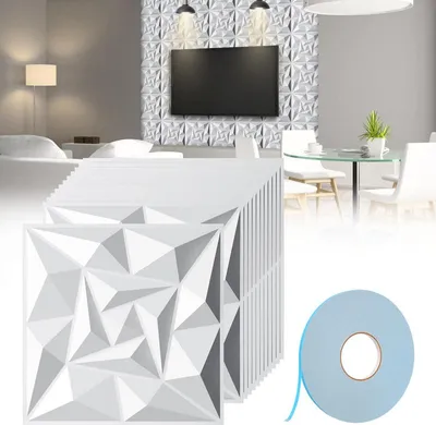 Produktbild von Clanmacy 12pcs 3D Paneele Wandpaneele Polyvinylchlorid PVC – Verkleidung für Wand & Decke – 30x30 cm (0,9 m²) – Leicht, Flexibel & Einfach zu Montieren - Weiß - Mit Doppelseitiges Klebeband