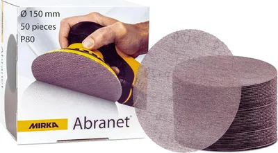 Produktbild von Mirka Abranet Netz-Schleifscheiben Ø 150 mm Klett / Korn P80 / 50 Stk / zum Schleifen von Holz, Spachtel, Lack, Kunststoff / 5424105080