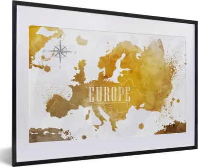 Produktbild von MuchoWow® MuchoWow® Gerahmtes Poster Weltkarten - Europa - Gold 60x40 cm - Poster mit zchwarzem Bilderrahmen - Schlafzimmer - Plakat in Rahmen - Drucken