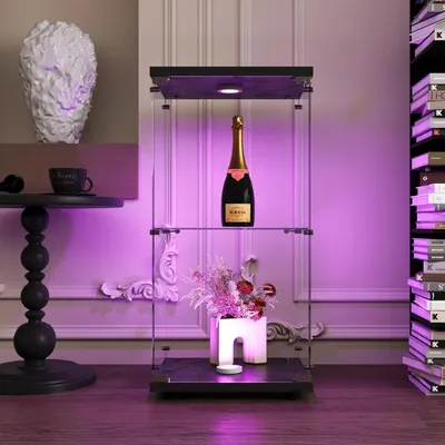 Image de Vitrine en verre noir, 4 niveaux, avec éclairage LED, 2 étagères et 1 porte