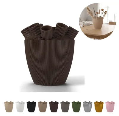 Produktbild von Deko Vase Shinzo 18,1 cm, gerippte Tulpenvase mit Stielröhrchen, PLA – Schokoladenbraun