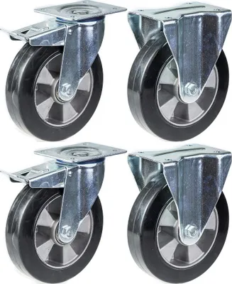 Zdjęcie produktu dla kółka 152 mm 6" z czarnym gumowym hamulcem i stałym udźwigiem 1320 kg, zestaw 4 szt