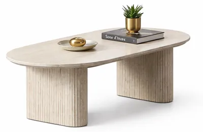 Produktbild von HOOZ® Couchtisch oval – inkl. Keramikplatte Traventin-Optik – Säulenfuß Design Halbrund – Sofatisch 130x70 cm – pflegeleicht & stabil