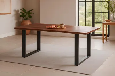 Produktbild von Esstisch Roxana | 180 x 90 cm | Akazienholz massiv | Kastanienfarbig | Echte Baumkante | U-Gestell Metall Schwarz | pflegeleichter Massivholztisch/Baumkantentisch für Esszimmer & Küche