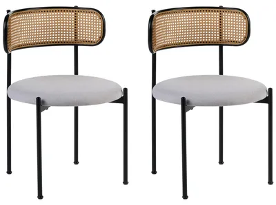 Produktbild von BELIANI Esszimmerstuhl 2er Set Hellgrau Leinen-Stoffbezug u. Wiener-Geflecht mit Schwarzem Metallgestell Offene Rückenlehne Retro-Design Stuhl-Set