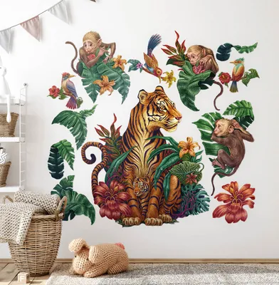 Produktbild von Dschungel-Safari – Wandgestaltung – Wandbilder Kinder – Motivtapeten Set – Wanddekor Kinderzimmer – Selbstklebende Wandsticker – 100x132 cm