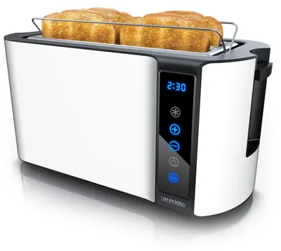 Zdjęcie produktu dla Toster Arendo na 4 kromki, długa szczelina, stal nierdzewna, 1500 W, obsługa dotykowa, wyświetlacz ze wskaźnikiem pozostałego czasu, stojak na bułki, funkcja rozmrażania, obudowa termoizolacyjna, niebieski