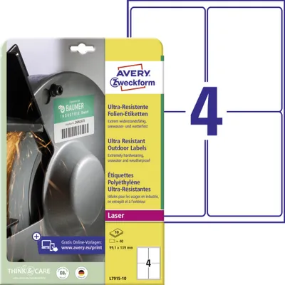 Produktbild von Avery Zweckform L7915-10 Ultra-Resistente Folien-Etiketten, 99,1 x 139 mm, 10 Bogen/40 Etiketten, weiß
