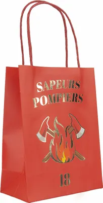 A red gift bag with gold foil lettering and graphics related to firefighters.