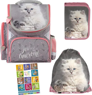 Produktbild von Schulranzen für Jungen und Mädchen, 4er-Set - Schul-Rucksack für Kinder mit Federmäppchen - Schuhbeutel und Hausaufgabenheft - Katze Motiv