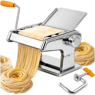 Produktbild von KRUMAD Nudelmaschine manuell 6 Teigdicken, 2 Walzenaufsätze für Spaghetti & Tagliatelle, Edelstahl, kompakt, inkl. Tischklemme & Zubehör, Silber