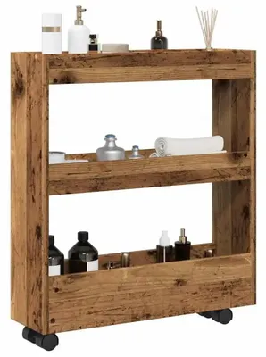 Produktbild von Rollwagen - Aufbewahrungswagen mit 3 Ebenen - Holz - 2 feststellbare Rollen - Für Küche und Zuhause - 60 x 22 x 80 cm