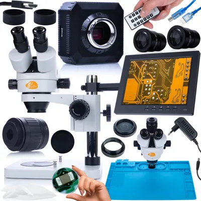 Immagine prodotto di Rosfix Set Mercury Pro – Stereomicroscopio trinoculare con display da 8" e fotocamera HDMI | Zoom 7–45x, simulfocale, attacco C