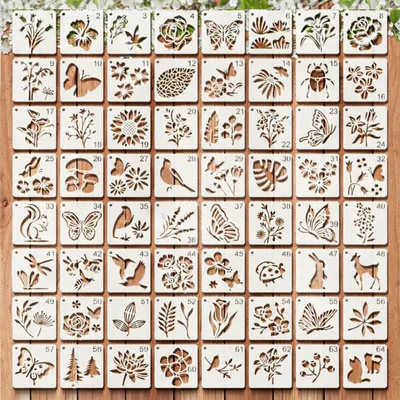 Productafbeelding van Set van 64 herbruikbare sjablonen (7,6 x 7,6 cm) – bloemen, bladeren en dieren