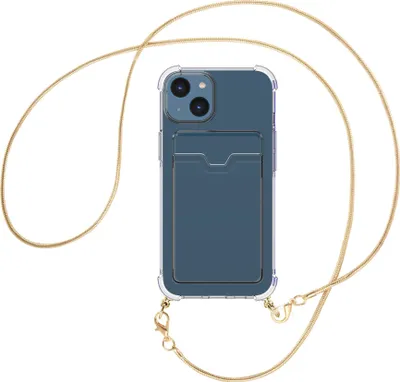 Produktbild von Handykette Backcover-Schutzhülle mit Band (Metall goldfarben) für Apple iPhone 15 - goldfarbene Snake-Kette
