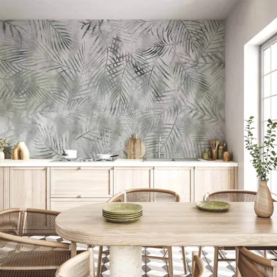 Produktbild von Vlies Fototapete - Minimalist landscape - nature motif with grey exotic leaves 150x105 cm Blätter b-A-10140-a-a