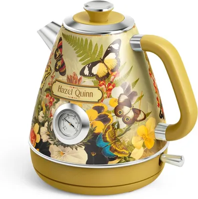 Obrázek produktu pro Nerezová konvice s retro vintage designem, bez BPA, automatické vypnutí, ukazatel teploty, ovladač Strix, ochrana proti vyvaření, 2200 W, květinový potisk