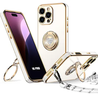 Image de Coque pour iPhone 16 Pro, Protection Ultra Slim Silicone avec Anneau Motif Coeur et Cordon - Blanc